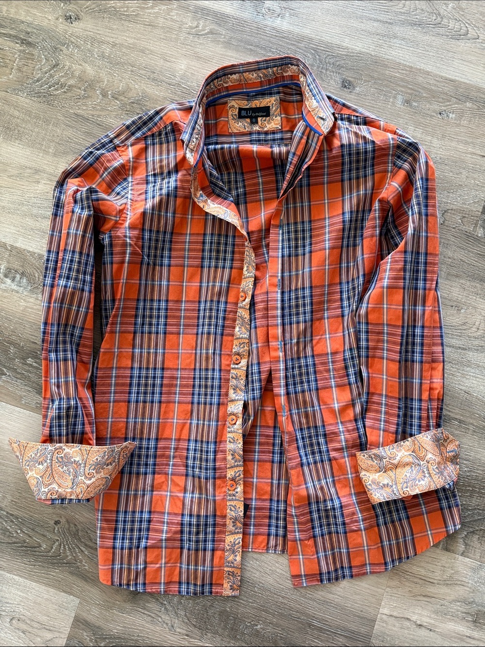 Blu by Polifrini Orange & Navy Plaid Men's Button-Down Shirt sz m